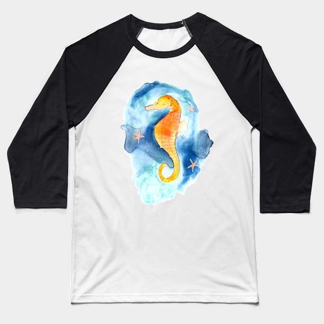 Seahorse under Water Watercolor Painting Baseball T-Shirt by Sandraartist